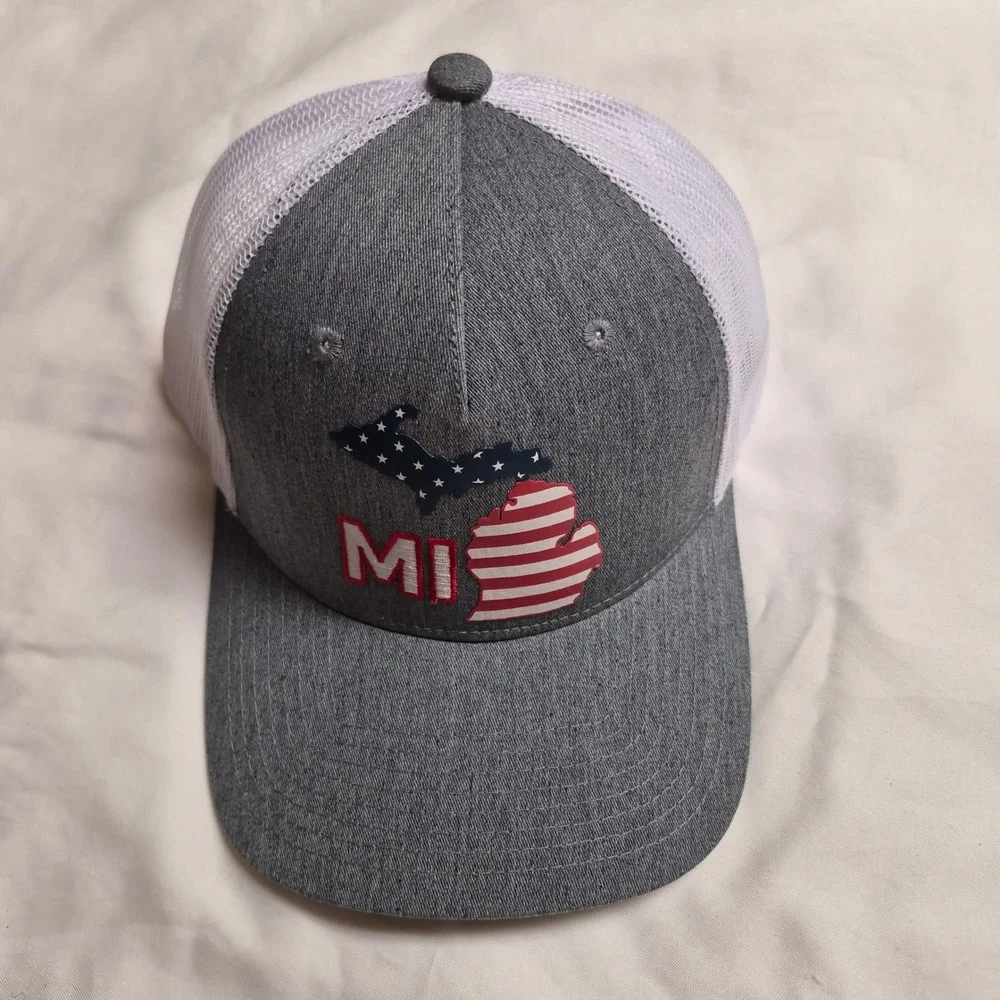 Outdoor Cap Michigan State Map Stars Stripe Gray White Mesh Trucker Snapback Hat
